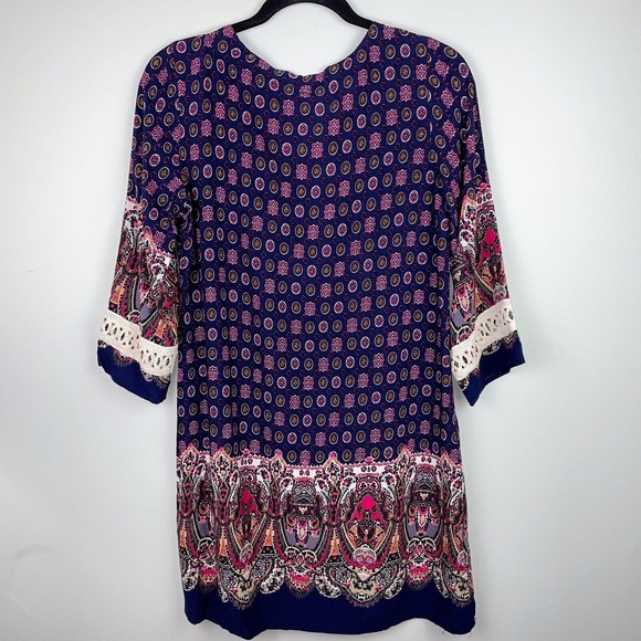 Entro Anthropologie Boho Print Lace Up Tassel Tie Tunic Shift Dress Blue Women S - Picture 4 of 6